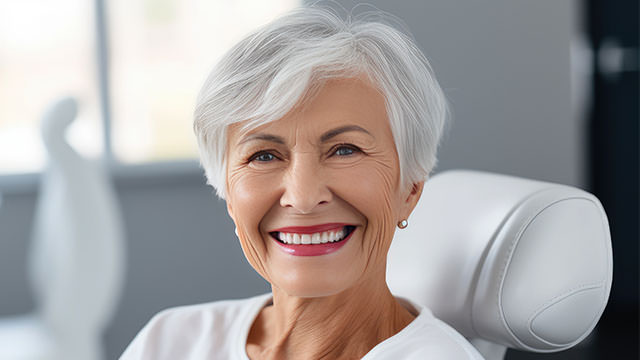 A radiant older woman with short white hair is sitting in a dental chair, smiling brightly. Her teeth appear perfect, suggesting dental implants. The background is blurred but appears to be a modern dental office with natural light.