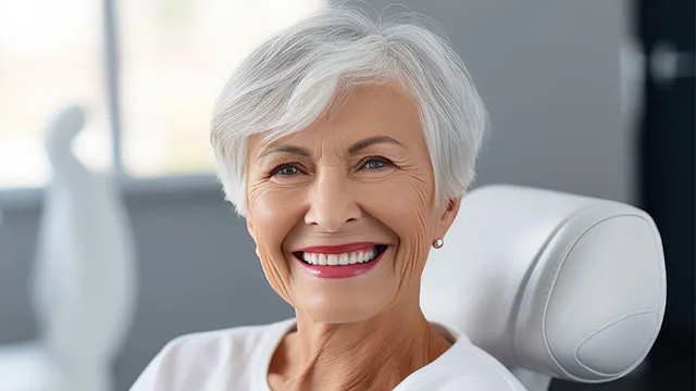 Dental Implants A radiant older woman with short white hair is sitting in a dental chair, smiling brightly. Her teeth appear perfect, suggesting dental implants. The background is blurred but appears to be a modern dental office with natural light.