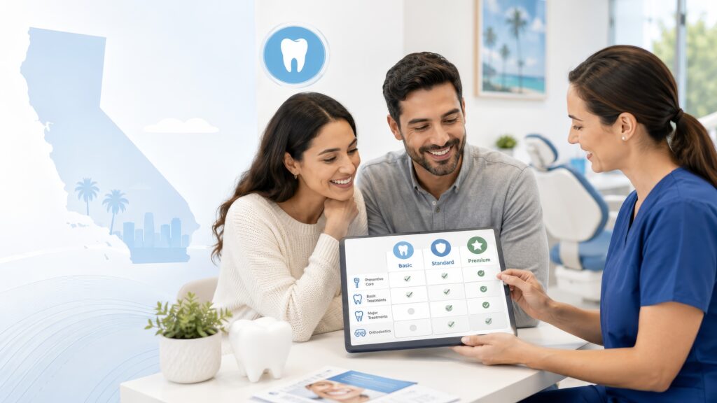 Dental professional reviews dental plan options with a smiling couple in a bright office, with a California outline and tooth icon in the background.