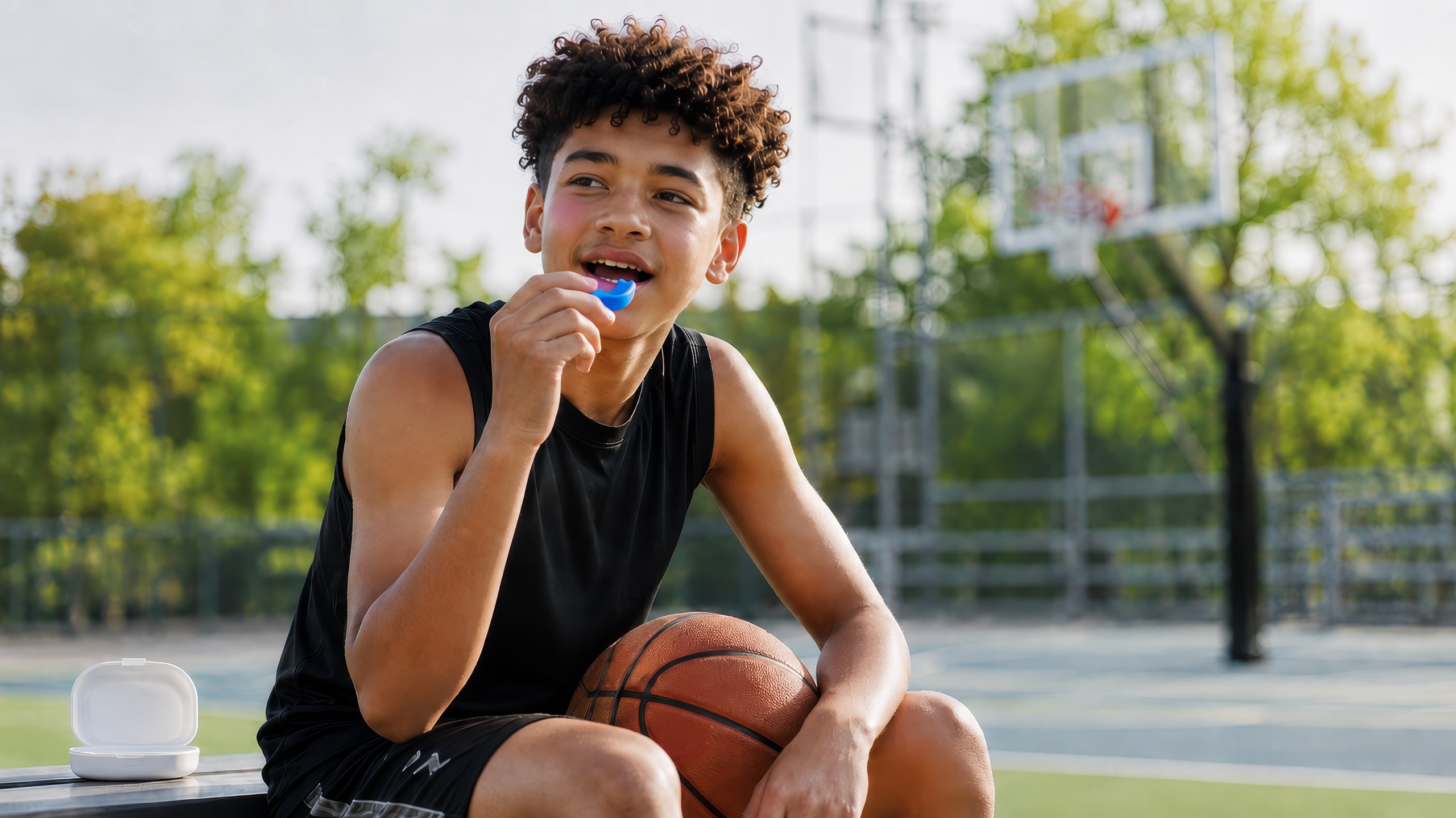 Teen athlete seated on an outdoor basketball court in bright sunlight, holding a basketball while lifting a blue custom mouthguard toward his mouth, with an open mouthguard case beside him.