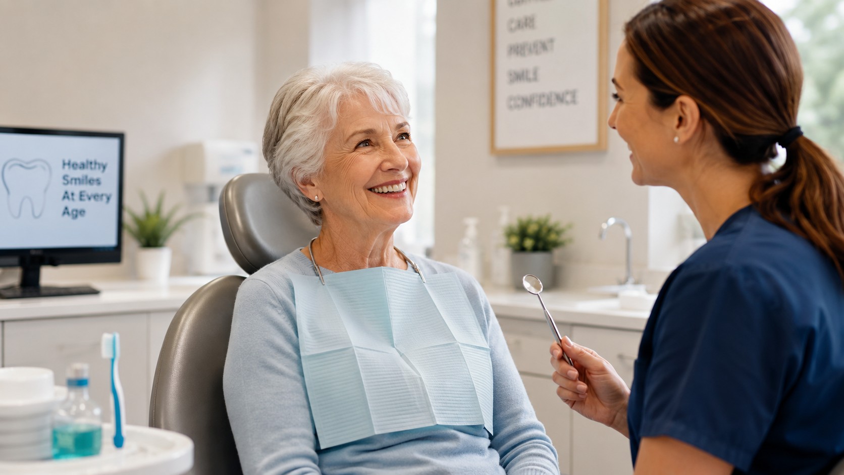 Older adult patient smiling while speaking with a dental hygienist in a warm, modern dental office, highlighting senior dental care and healthy aging smiles.