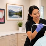 Dental hygienist using an intraoral camera while a patient relaxes in a modern dental office with a monitor showing a close-up view of teeth.
