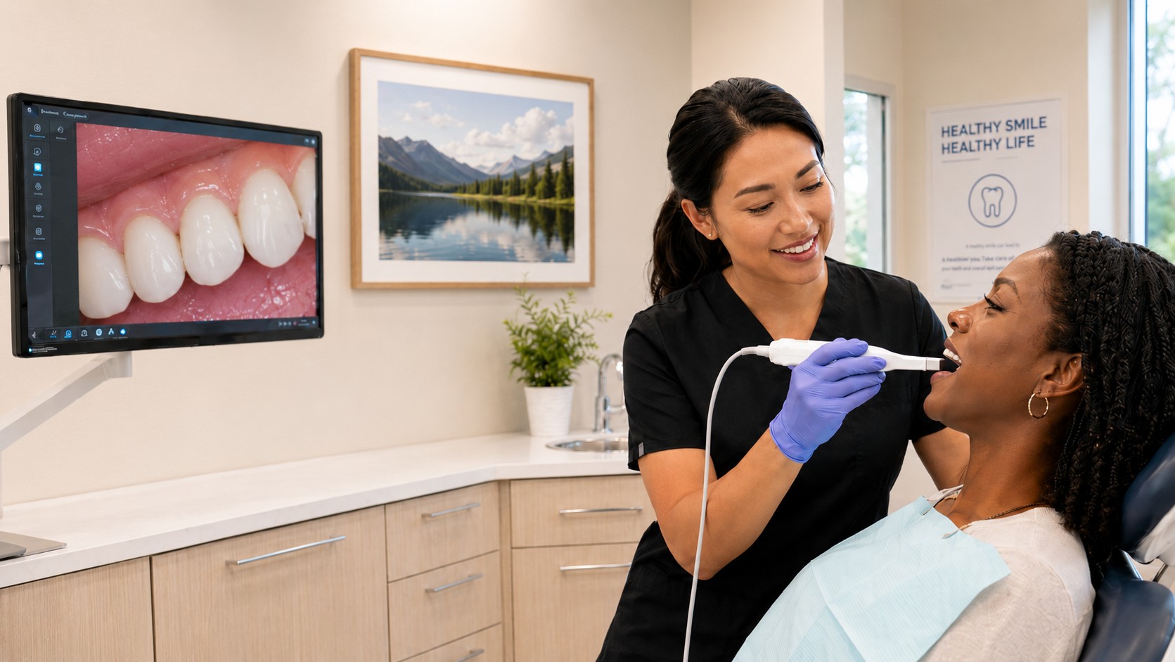 Dental hygienist using an intraoral camera while a patient relaxes in a modern dental office with a monitor showing a close-up view of teeth.