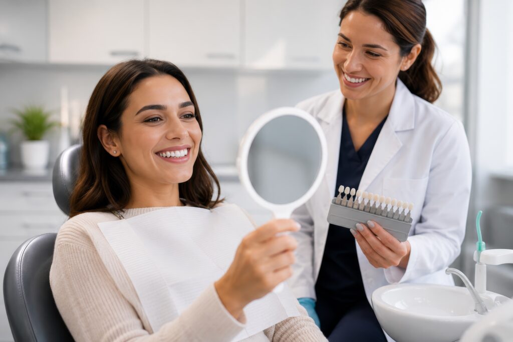 Smiling woman seated in a modern dental chair holds a hand mirror while looking at her smile, as a friendly dentist beside her presents a tooth shade guide in a bright, clean dental office.