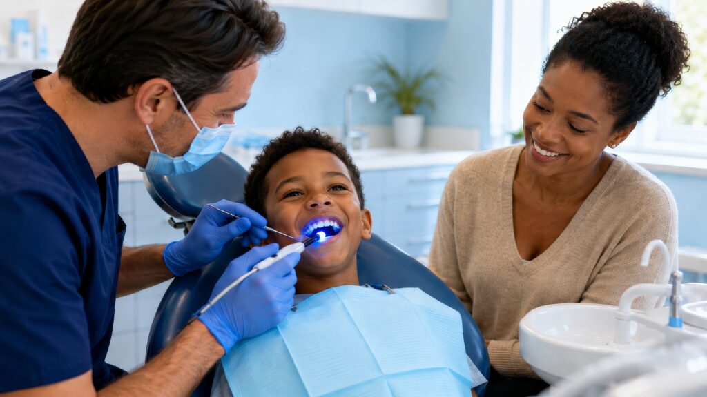 A smiling young boy sits relaxed in a dental chair while a dentist in blue gloves applies a dental sealant with a blue curing light, as his mother smiles supportively beside him in a bright, modern dental office.