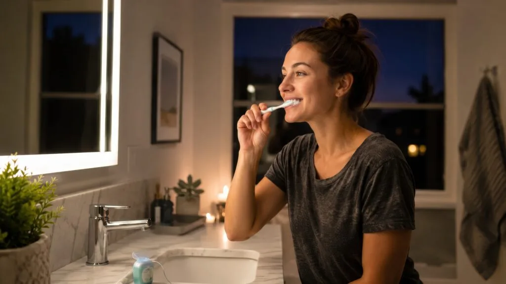 Woman brushing her teeth beside dental floss in a modern bathroom during a calm evening bedtime routine.