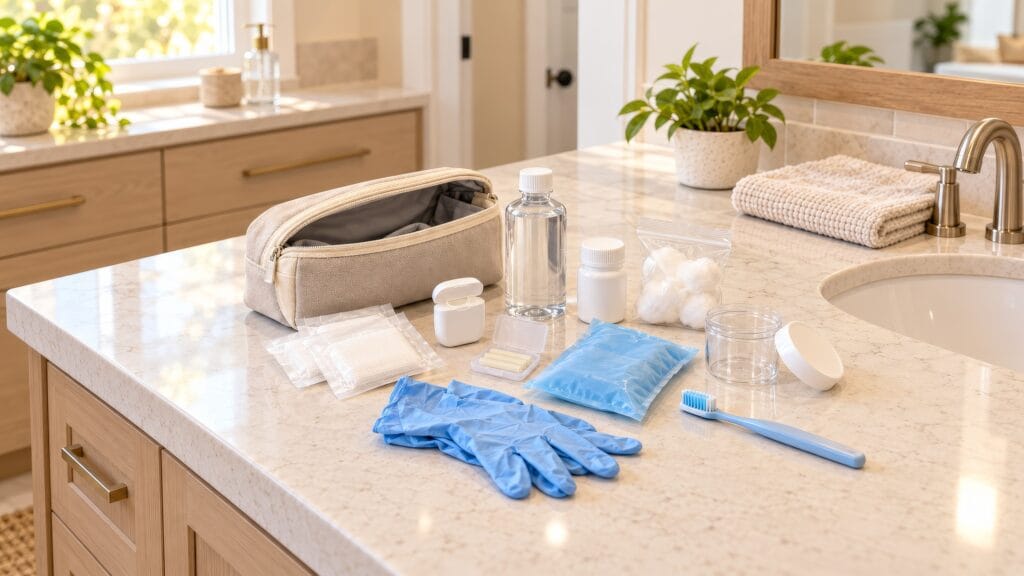 Dental first aid kit with gauze, floss, gloves, a cold pack, and other emergency supplies arranged on a sunlit bathroom counter.